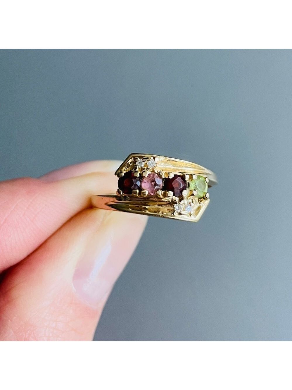 Vintage 14K Gold Diamonds, Garnet, Tourmaline, Peridot Multi Gems Ring T…